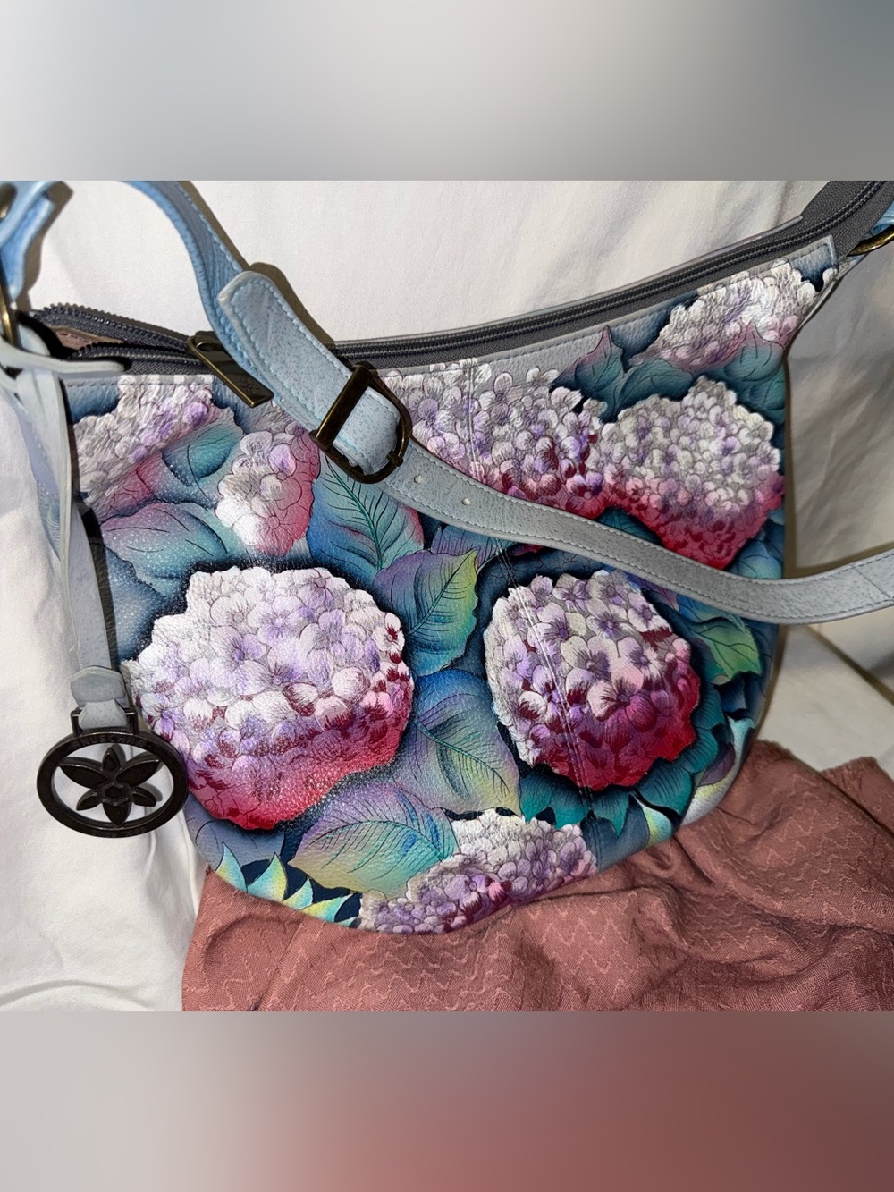 Anuschka Hand-Painted Leather “Hypnotic Hydrangeas” Leather Hobo Bag